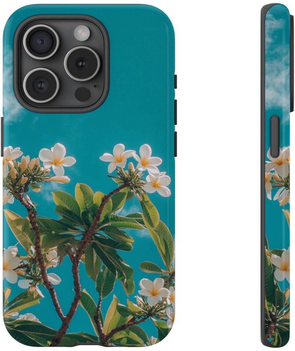Witte Frangipanibloemen met Groene Bladeren – Telefoonhoesje Geschikt voor iPhone 15 Pro