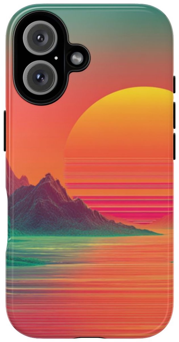 Neon Zonsondergang met Bergen en Zee – Telefoonhoesje Geschikt voor iPhone 16