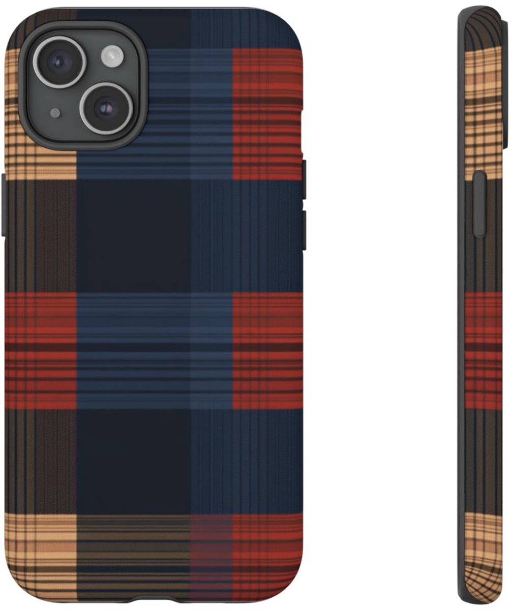 Caramel en Donkerblauw Geruit Patroon – Telefoonhoesje Geschikt voor iPhone 15 Plus