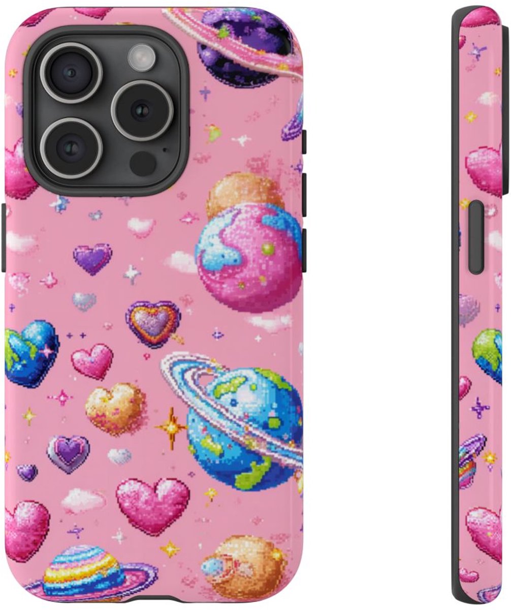 Pixel Art Harten en Planeten Patroon – Telefoonhoesje Geschikt voor iPhone 15 Pro