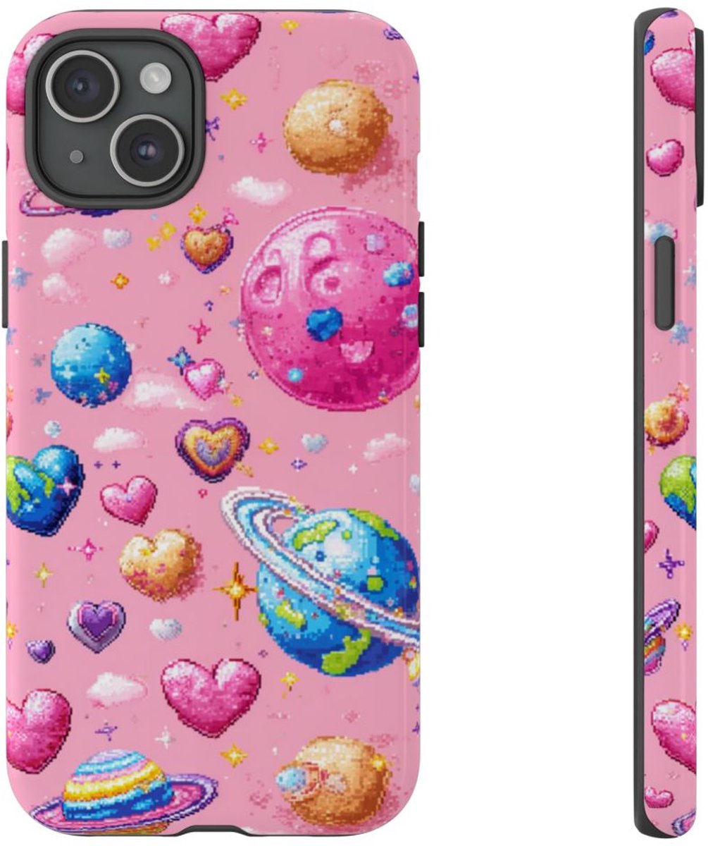 Pixel Art Harten en Planeten Patroon – Telefoonhoesje Geschikt voor iPhone 15 Plus