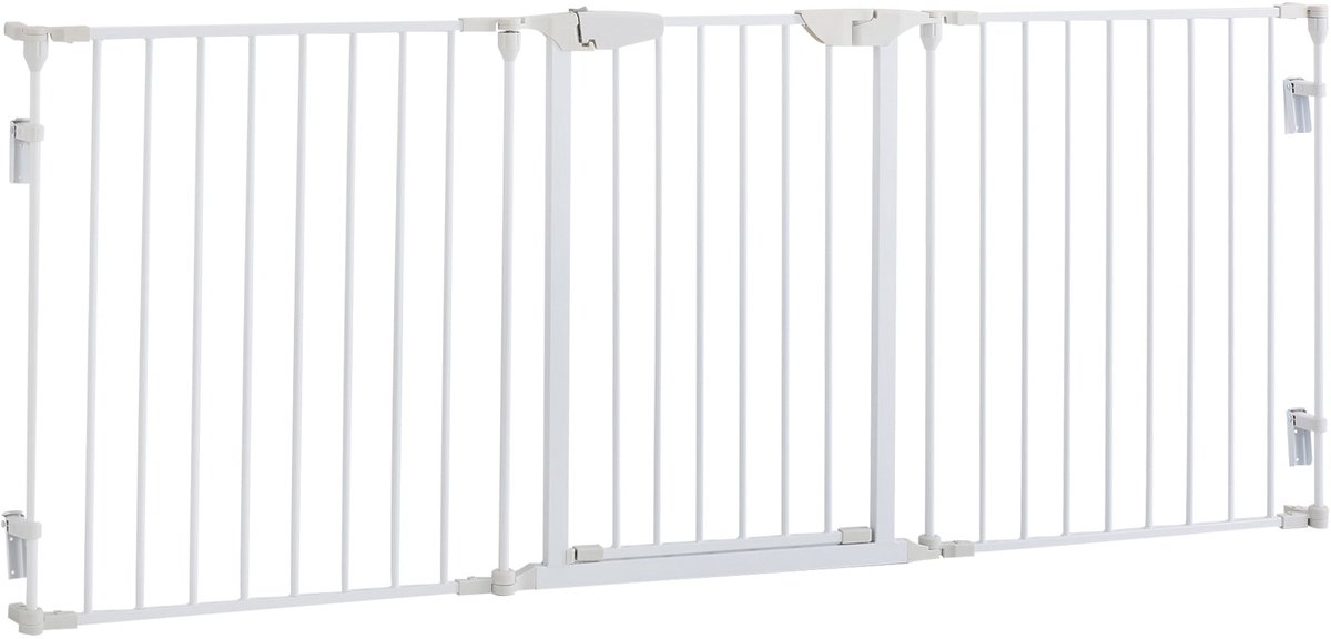 Merax Hondenhek met Deur – 3 Panelen – Inklapbaar Veiligheidsrek – Kunststof Hek met Automatische Sluiting – 180x3x74.5 cm – Wit