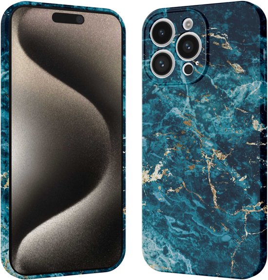 Telefoonhoesje met blauw en goud marmer design voor iPhone 15 Pro Max