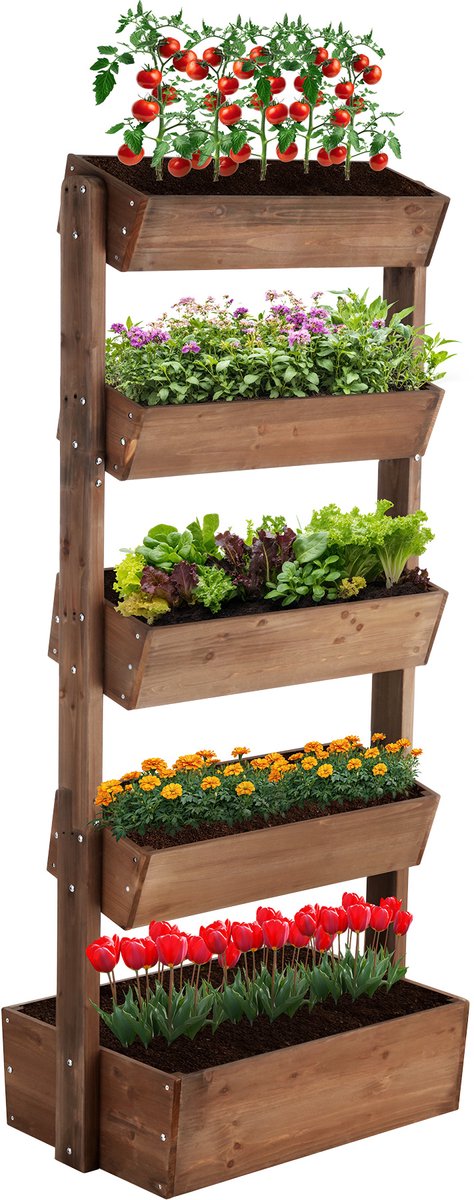 tectake® Verticale Tuin Flora - Met 5 Plantenbakken voor Bloemen, Kruiden of Groenten - Bruin - 81 x 52 x 180 cm - Kweekbak voor Moestuin - Kantelbare Bloembakken van Gelakt Dennenhout - Inclusief Vliesdoek/Worteldoek - Weerbestendig en Stabiel – foto 2