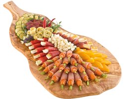 BATANIA olijfhouten plank, snackplank, houten plank voor buffet, groot met handvat | Lengte ca. 70 cm, breedte ca. 35-40 cm