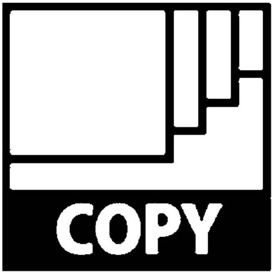 Zwart-wit icoon met gestileerde lagen papier en de tekst "COPY".