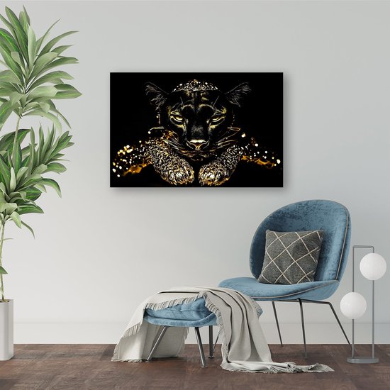 Panthère noire aux accents dorés - Peinture sur verre panthère - Peintures animalières - Hyperréalisme - Art sur plexiglas - Décoration de chambre - verre acrylique 120x80 cm