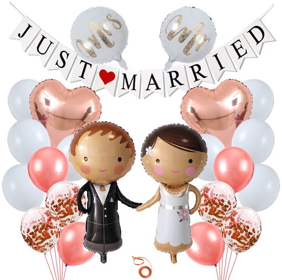 TRANKIELO® – Luxe Set van 23 Bruiloft Decoratie Ballonnen in Rose Goud – Folie en Latex Ballonnen voor Bruiloft Celebratie – Inclusief Mr & Mrs Ballonnen en Net Getrouwd Guirlande