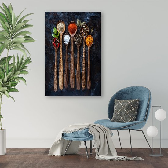 Cuillères en bois aux herbes - Tableaux sur verre aux épices - Cuillères d'art - Nature morte - Tableau plexiglas - Décoration salon industriel - verre acrylique 70x105 cm