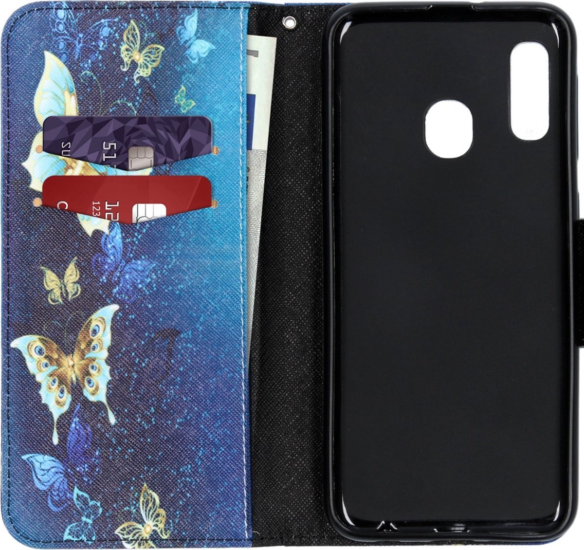 Go Go Gadget - Hoesje met Pasjeshouder - Geschikt voor Samsung Galaxy A20e - Soft Bookcase - Vlinders - Blauw