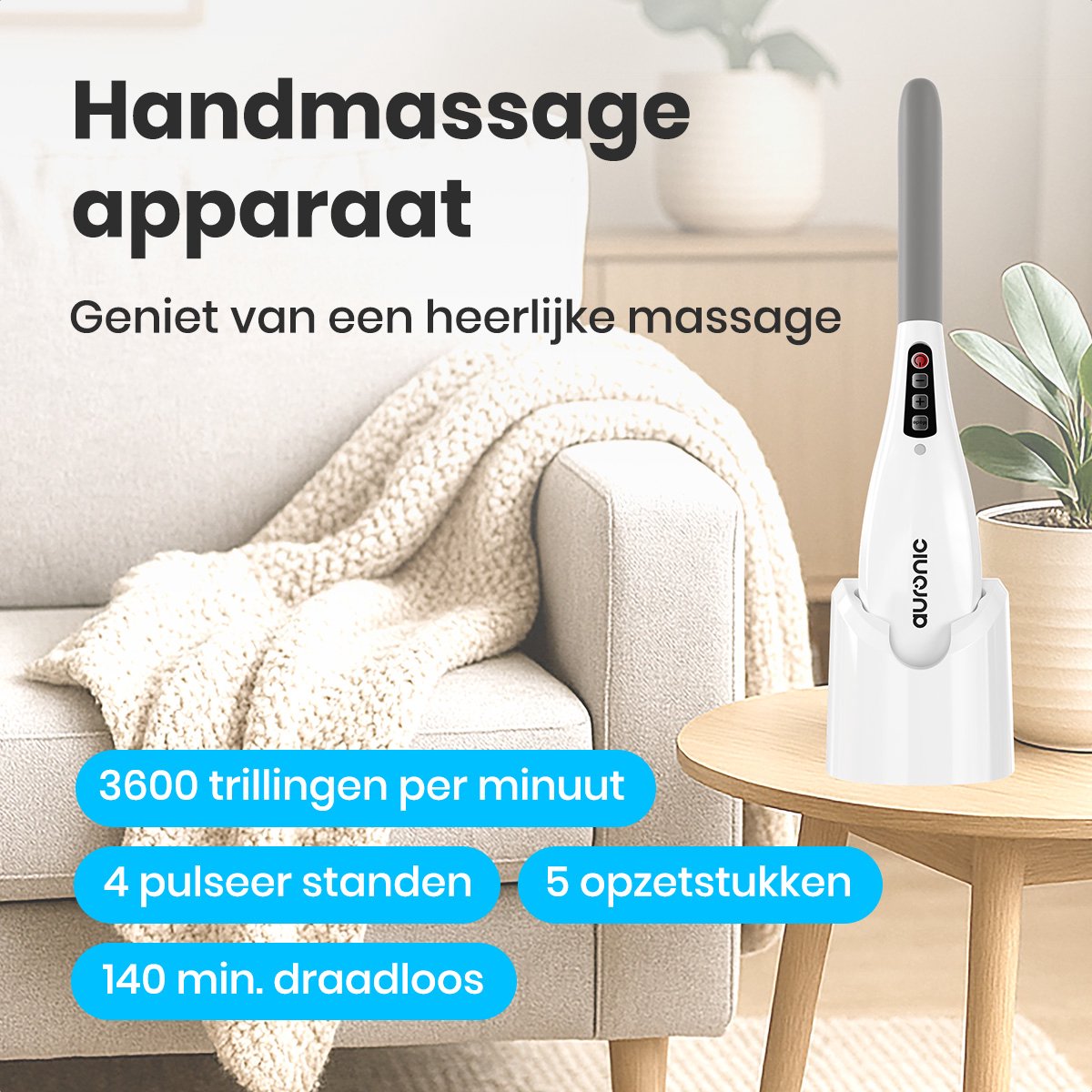 Afbeelding 2 van Auronic Massage Apparaat - Nek en Rug - Draadloos - 5 Opzetstukken - Wit/Grijs
