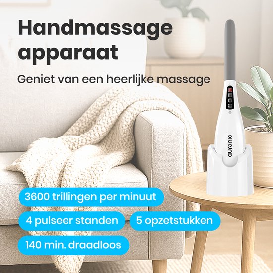Auronic Massage Apparaat Draadloos - Rug en Nekmassage apparaat - 5 Opzetstukken - Wit/Grijs