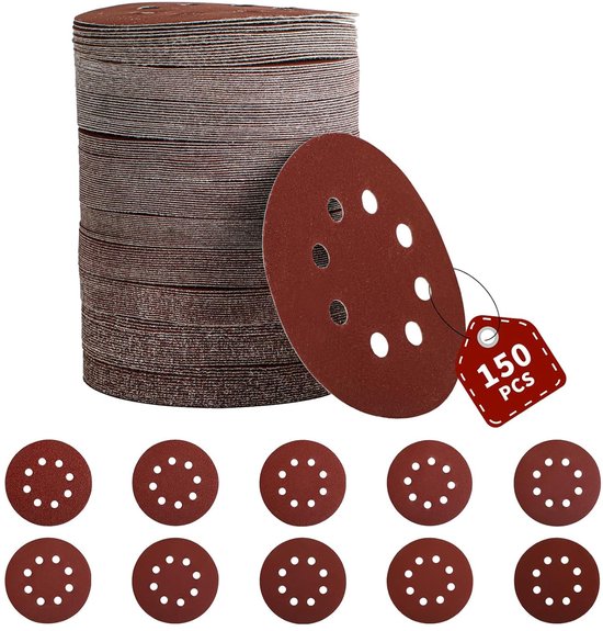 TRANKIELO® - 150 stuks klittenband-schuurpapier set, 125 mm