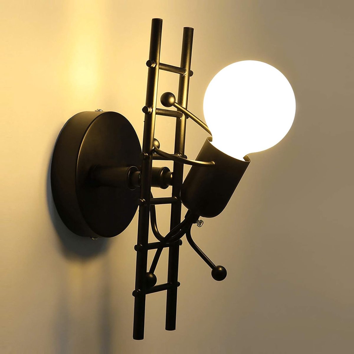 Creatieve wandlamp in mensvorm voor binnen, moderne stijl, Art Deco-stijl, E27-fitting, geschikt voor slaapkamers, kinderkamers, hallen, eetkamers, trappenhuizen, keukens, zwart