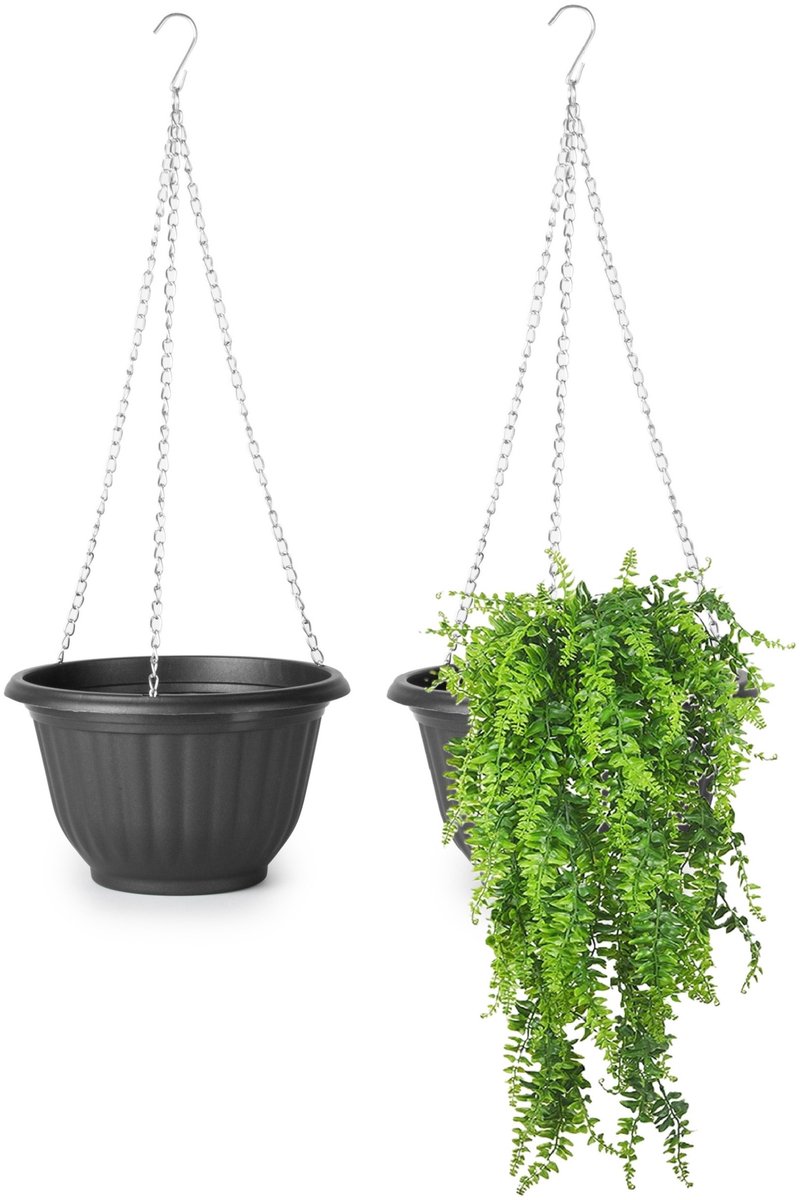 Plasticforte Plantenpot - 2x - hangend - kunststof - antraciet - D20 x H12 cm - bloempot aan ketting