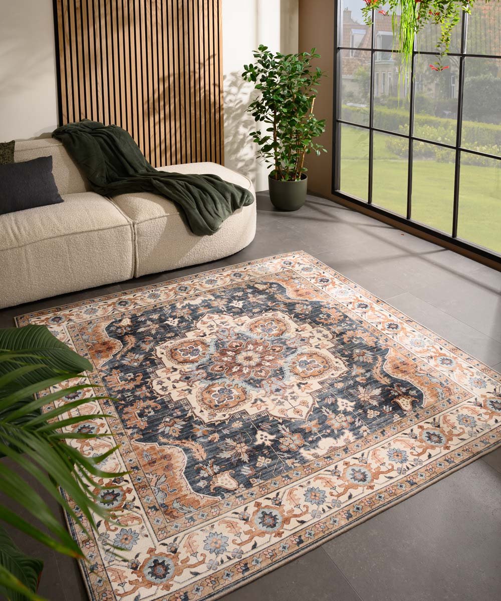 Buitenkleed vierkant Vintage - Valenca Fino goud/blauw 230x230 cm