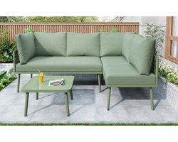 Amalee - Loungeset groen - 6 delig - Inclusief tafel- Metalen onderstel - UV resistent - Wasbare kussenhoezen - 10 cm hoge zitkussen - Meerdere opstelling -