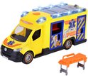 Gele ambulance met blauwe en oranje details, sirene lichten, en een oranje brancard.