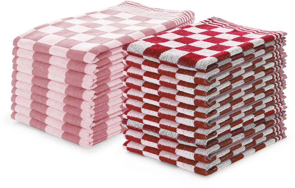 LINNICK Theedoeken en Keukendoeken Set Rood - set van 20 – Geblokt – Blokdoeken – 100% katoen – 10 Horeca Theedoeken – 65x65cm - 10 Keukendoeken - 50x50cm