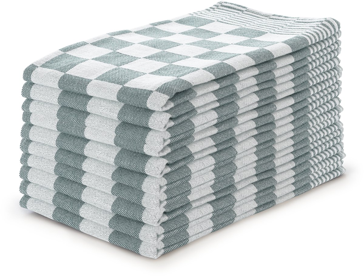 LINNICK Theedoeken set Blok Donker groen - 65x65 - Set van 10 - Geblokt - Blokdoeken - 100% katoen - Horeca Theedoeken