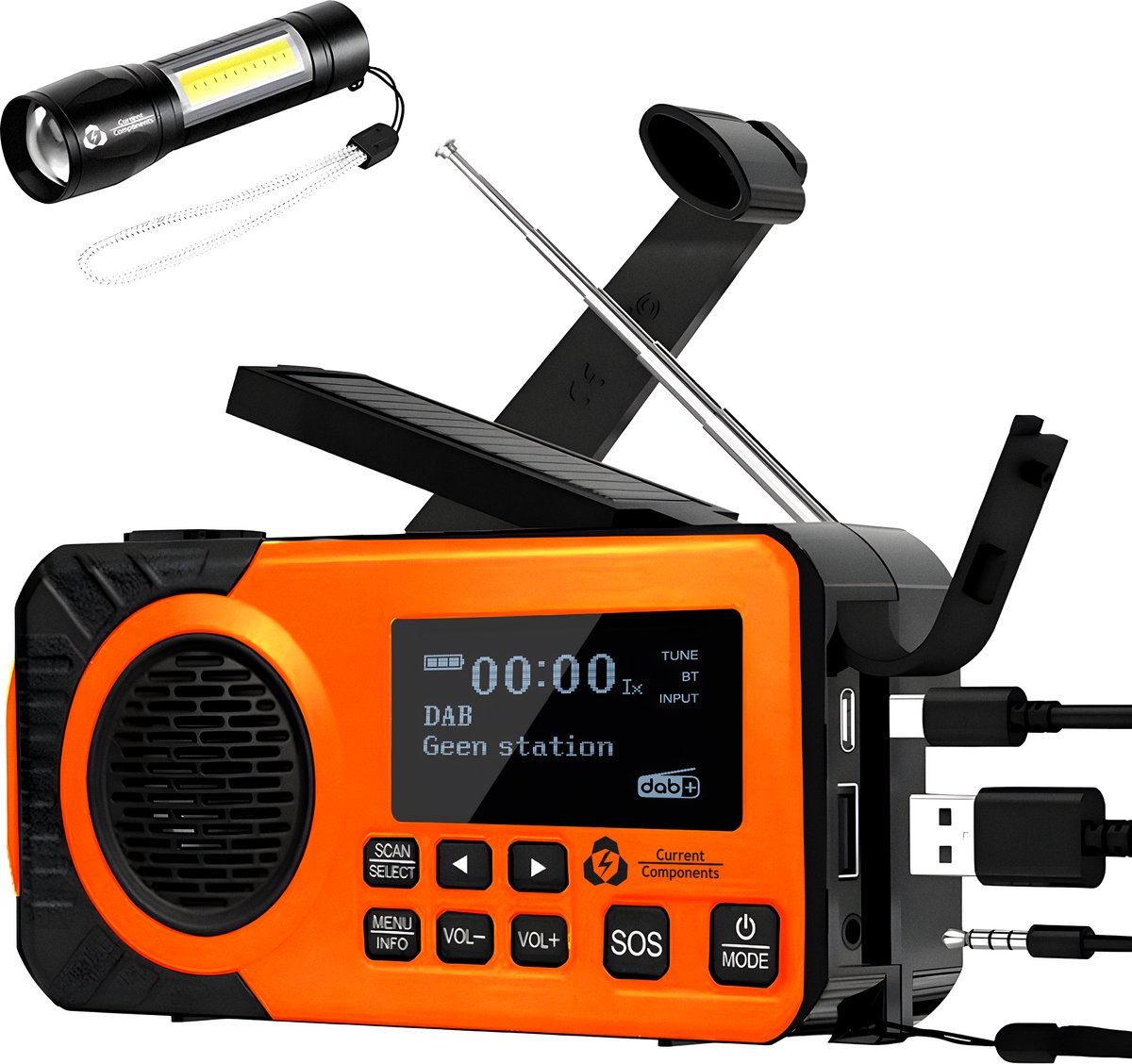 Noodradio - DAB+ - Solar Opwindbaar - Powerbank - Draagbare Radio - Noodpakket - Zaklamp - Opladen en op Batterijen - Bluetooth - Volledig Nederlands
