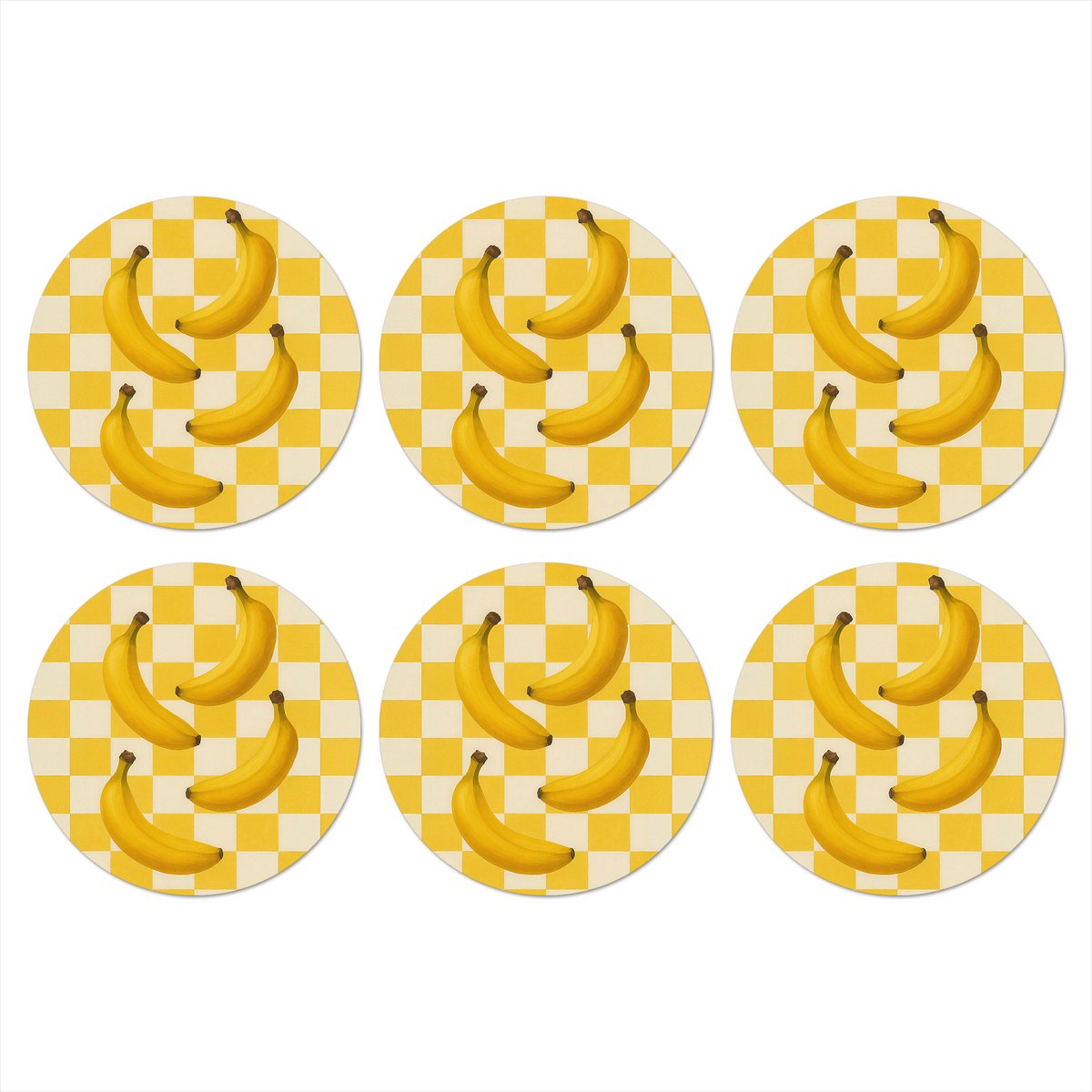 Onderzetters voor glazen - Rond - Bananen - Geel - Geblokt - 10x10 cm - Glasonderzetters - 6 stuks