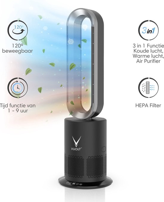 Foto: Hozard bladeless ventilatorkachel luxe 2 in 1 heating cooling tower ventilator timer afstandsbediening zwart zilver
