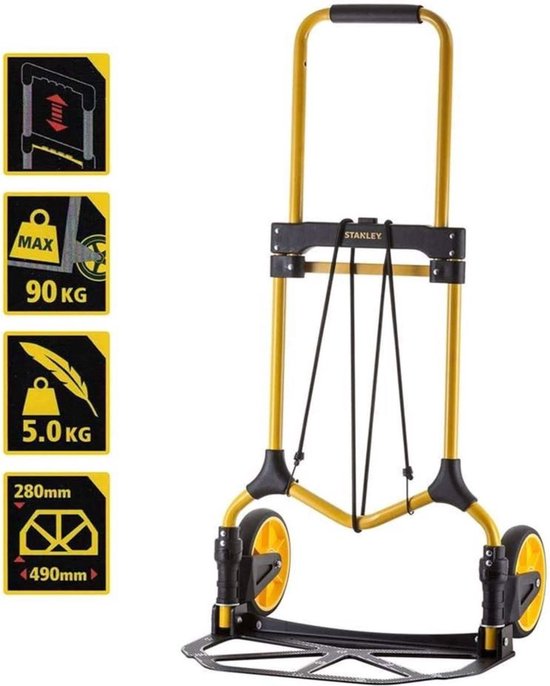 Gele steekwagen met informatiepictogrammen: maximale belasting 90kg en eigen gewicht 5kg.