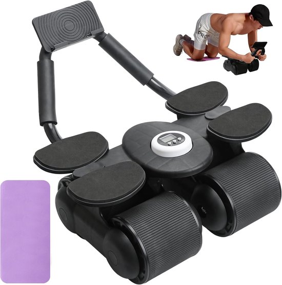 Foto: Bedee 4 wiel ab roller met elleboogsteun en telefoonhouder elektronische teller hoge hardheid abs materiaal antislip zweetabsorberend zwart geschikt voor sportschool en thuisfitness