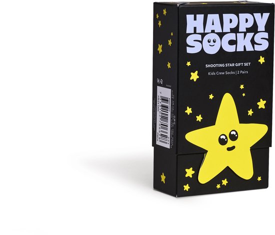 Zwart doosje met de tekst "Happy Socks Shooting Star Gift Set Kids Crew Socks 2 Pairs" en een gele ster met regenboogkleurige strepen.