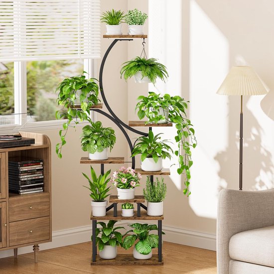 loyal plantenstandaard met kweeklampen - 8-laags plantenrek voor binnen, 155 cm metalen houten plantenrek - Decoratief zwart bloemenrek voor binnen balkon