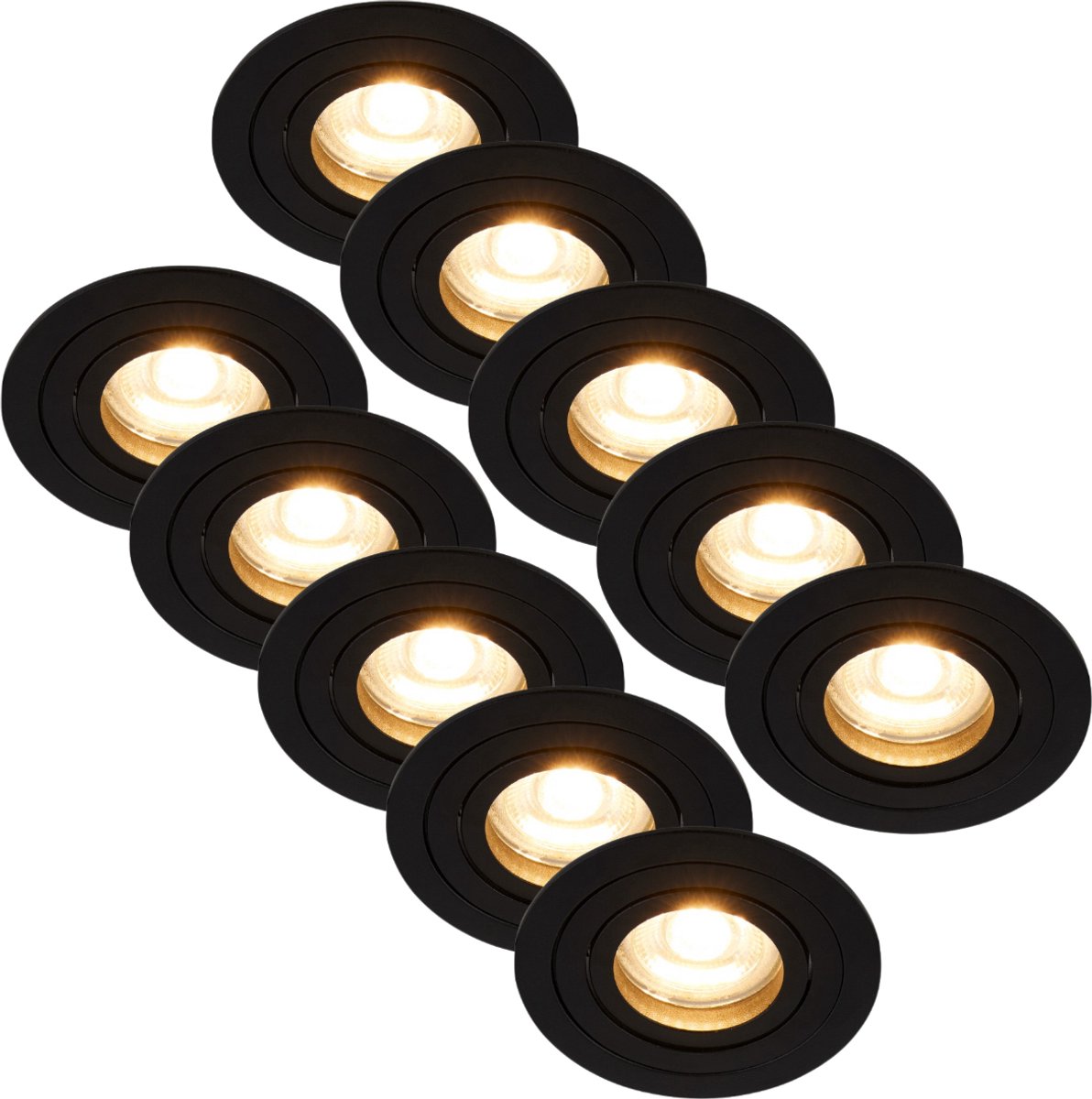 Inbouwspot zwart rond kantelbaar - Met GU10 fitting en dimbare GU10 LED lamp - 10 stuks