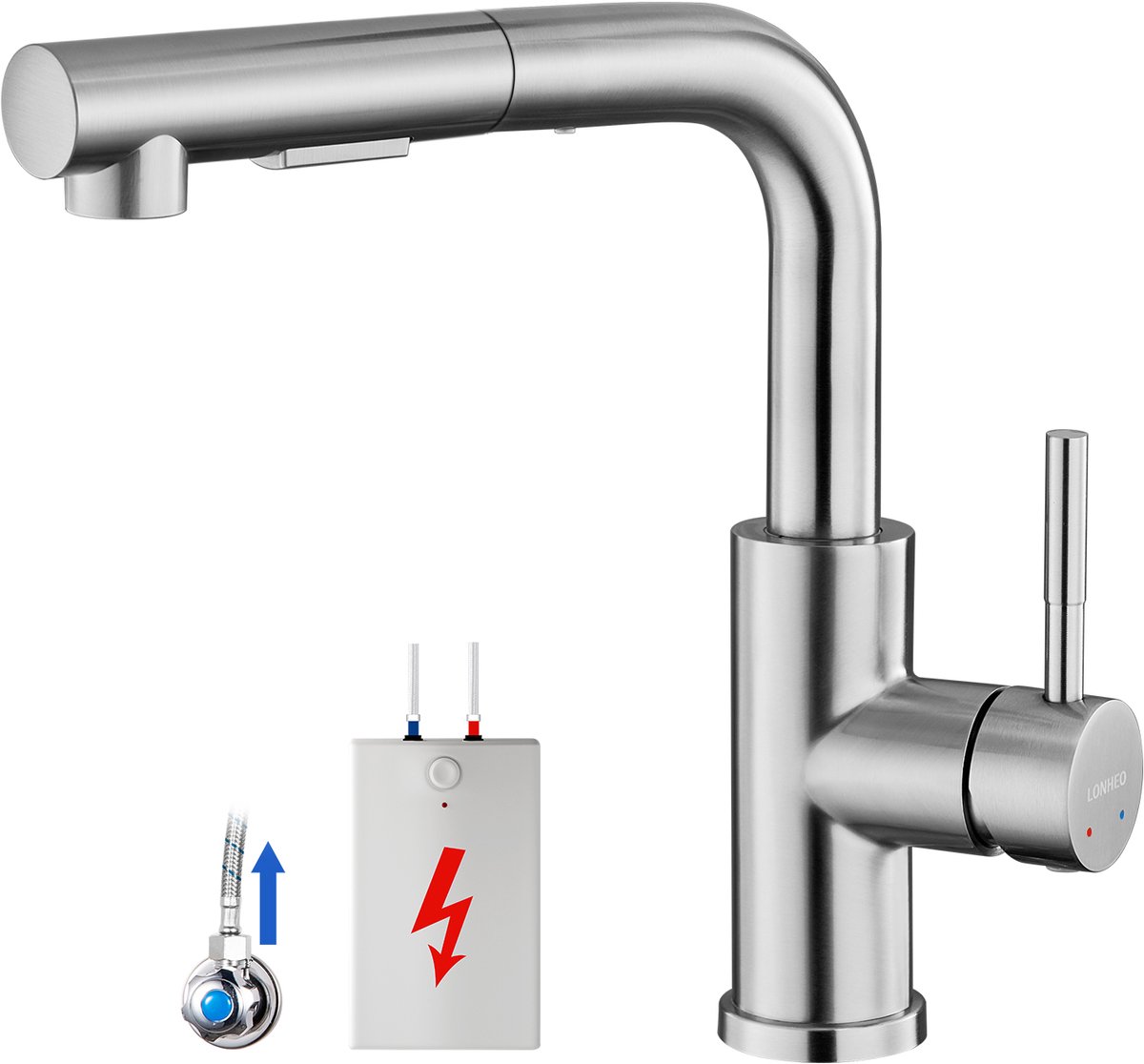 Lonheo max Keukenkraan met Uittrekbare Uitloop - lagedruk keukenkraan - Keukenmengkraan - Handdouche - Uittrekbaar - Mengkraan -Flexibele Slang - Zilver - 360° spoelbak