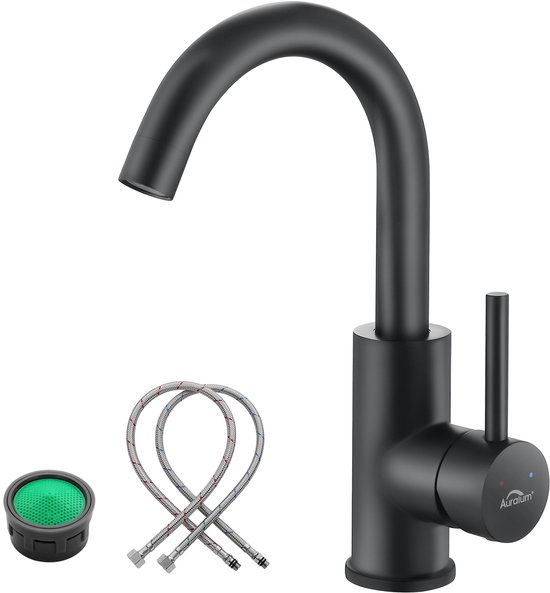 Auralum max Wastafelkraan Zwart - Badkamerkraan Zwart - 360° Draaibare - RVS - Warm & Koud - Inclusief Aansluit slangen 3/8