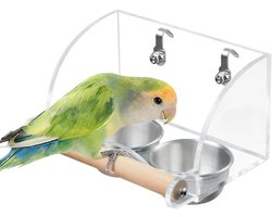 Allecto Plus - Vogelvoer waterkom met houten standaard voor diverse vogelsoorten zoals parkieten, tortelduifjes en vinken - Transparantie roestvrijstalen papegaaienvoerbekers