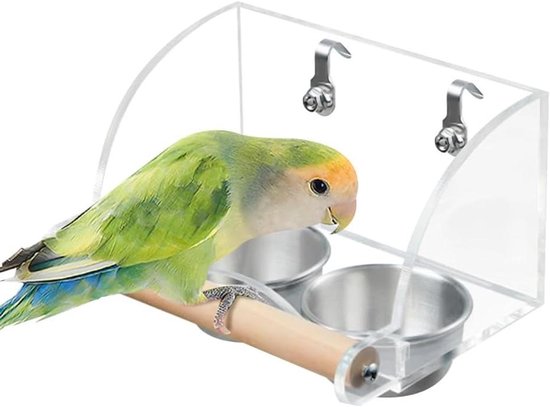 Allecto Plus - Vogelvoer waterkom met houten standaard voor diverse vogelsoorten zoals parkieten, tortelduifjes en vinken - Transparantie roestvrijstalen papegaaienvoerbekers