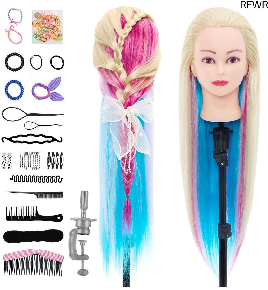 RFWR® 66 cm oefenhoofd voor kappers met synthetisch haar – Perfect voor kapsalon, cosmetologiestudies en creatief haarstyling