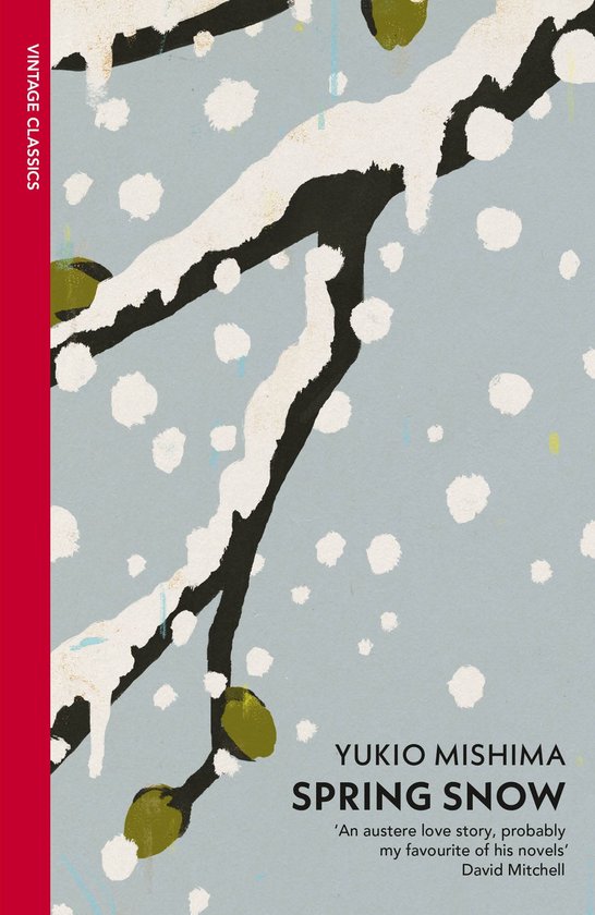 Boekomslag van 'Spring Snow' door Yukio Mishima, met een geschilderde tak bedekt met sneeuw tegen een lichtblauwe achtergrond. Vintage Classics.