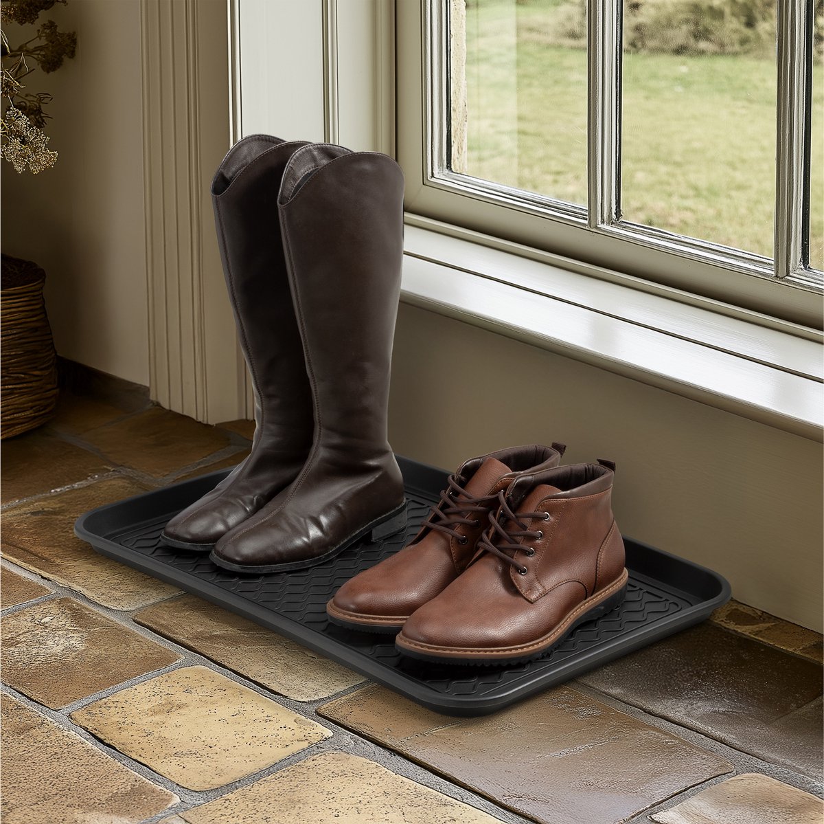Navaris 3x afdruipbak met rand voor schoenen - 60 x 40 x 2,8 cm - Laarzen lekbak - Afdruipmat voor binnen en buiten - Schoenen onderzetters - Zwart