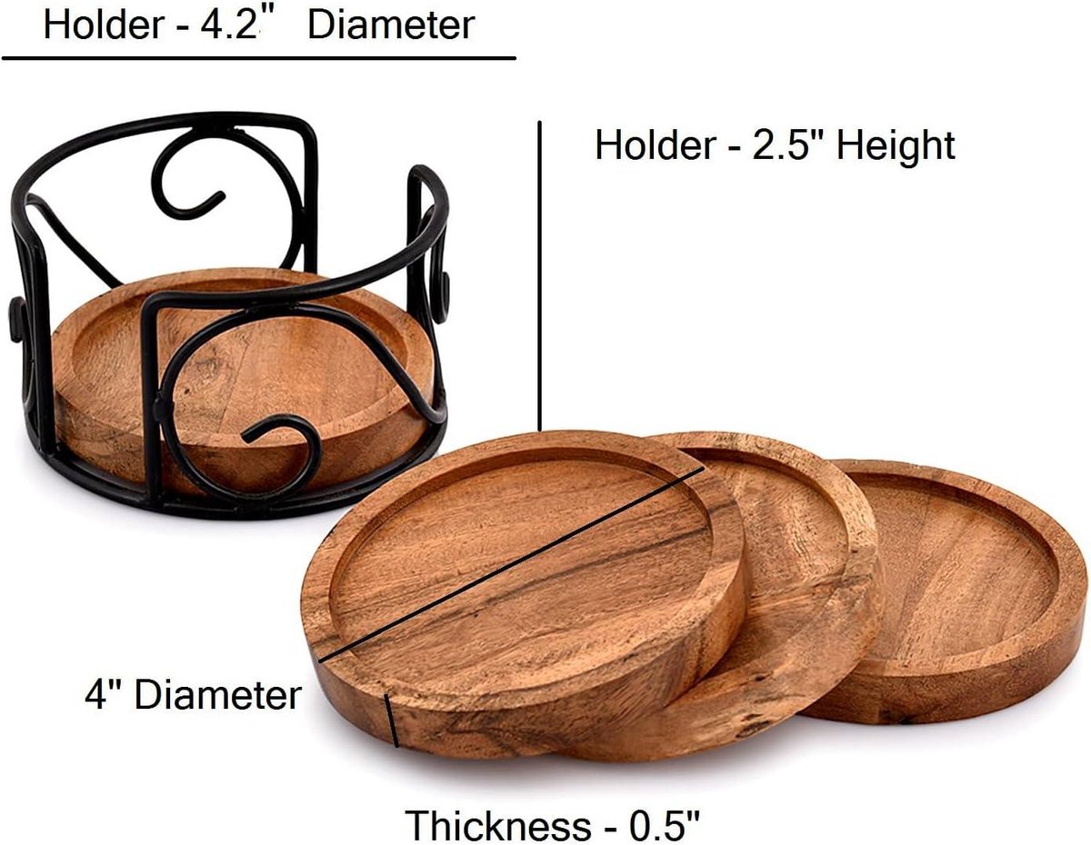 Houten Acacia Onderzetter Set van 4 met IJzeren Houder voor Thee, Drankjes, Mokken, Blikjes en Glazen voor Elk Type Tafel (10 x 10 x 1.2 cm)