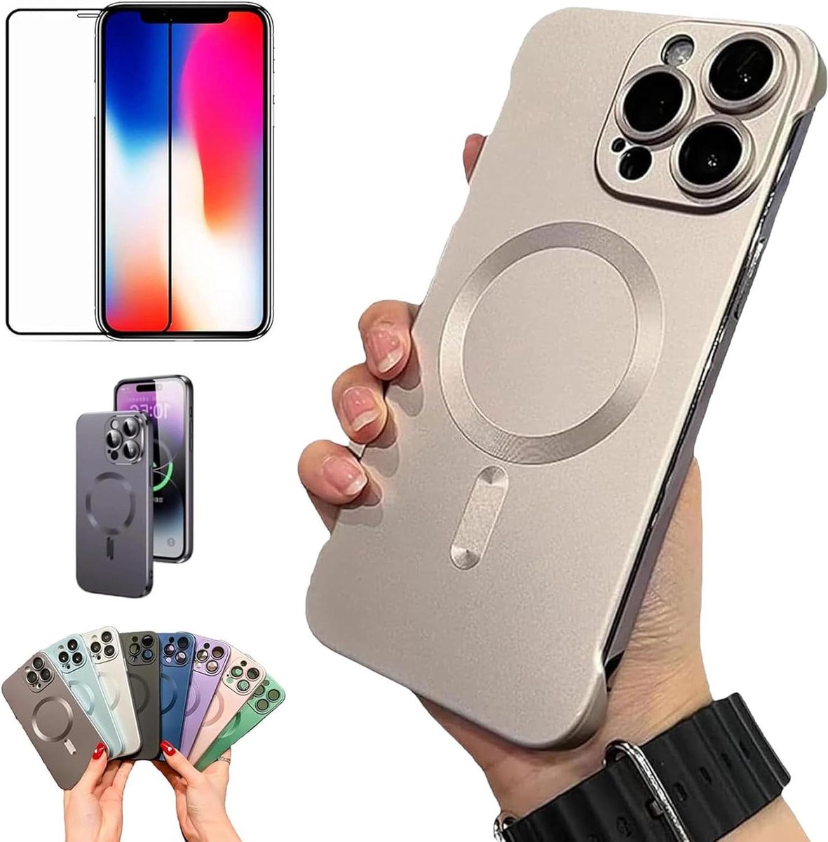 Allecto Plus - Ultra dunne magnetische hoes voor iPhone 15 Pro Max - Goud met schokbestendige lensbeschermer