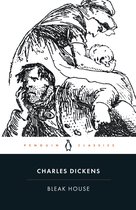 De cover van Charles Dickens' "Bleak House", een klassieke Penguin-uitgave met een illustratie van een man die op de voorgrond ligt, met een vrouw en baby erboven.