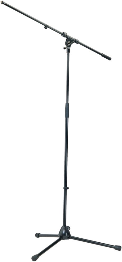 Zwarte microfoonstandaard met driepootvoet en verstelbare microfoonarm.