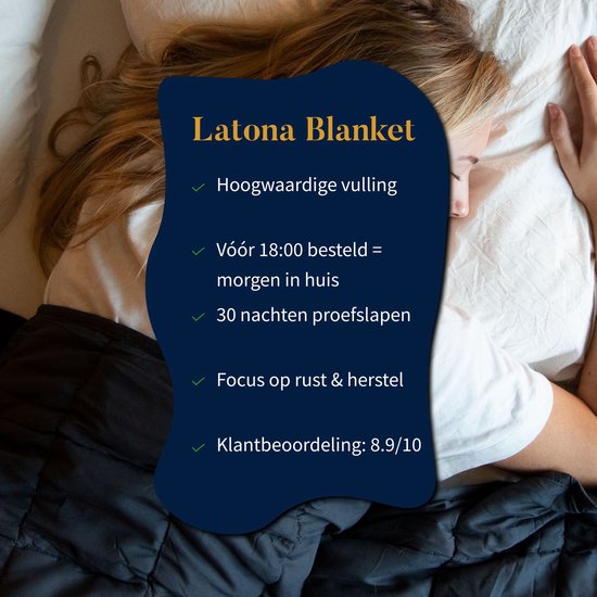 Slapende vrouw onder een donkergrijs dekbed met tekstballon over Latona Blanket, hoogwaardige vulling, snelle levering, 30 nachten proefslapen.