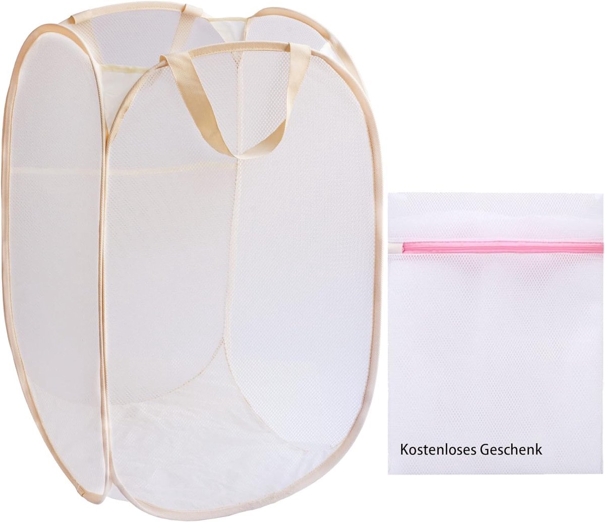 Pop-up wasmand + waszak - opvouwbaar - 77 liter - beige - nylon mesh