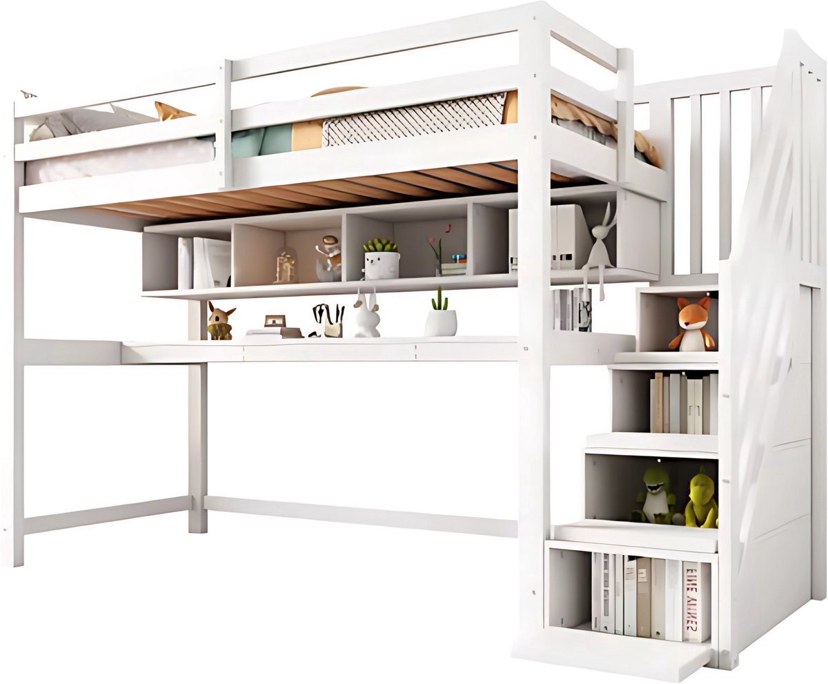 Happiq Luxe hoogslaper Vortex voor kinderen - 90x200 cm - Met bureau - Kinderbed - stapelbed - Met Hoektrap, valbeveiliging en raam - Peuterbed Wit
