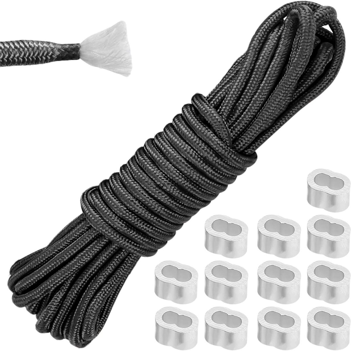Inovra Plus - Rubber Koord 12 m Expander Koord 8 mm voor Aanhangwagen - Inclusief 12 Strangle Klemmen - Elastisch Koord voor Kamperen & Zeilen