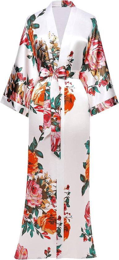 Inovra Plus - Peignoir femme manches longues motif floral, kimono d'été en satin - peignoir imprimé - blanc - Taille unique