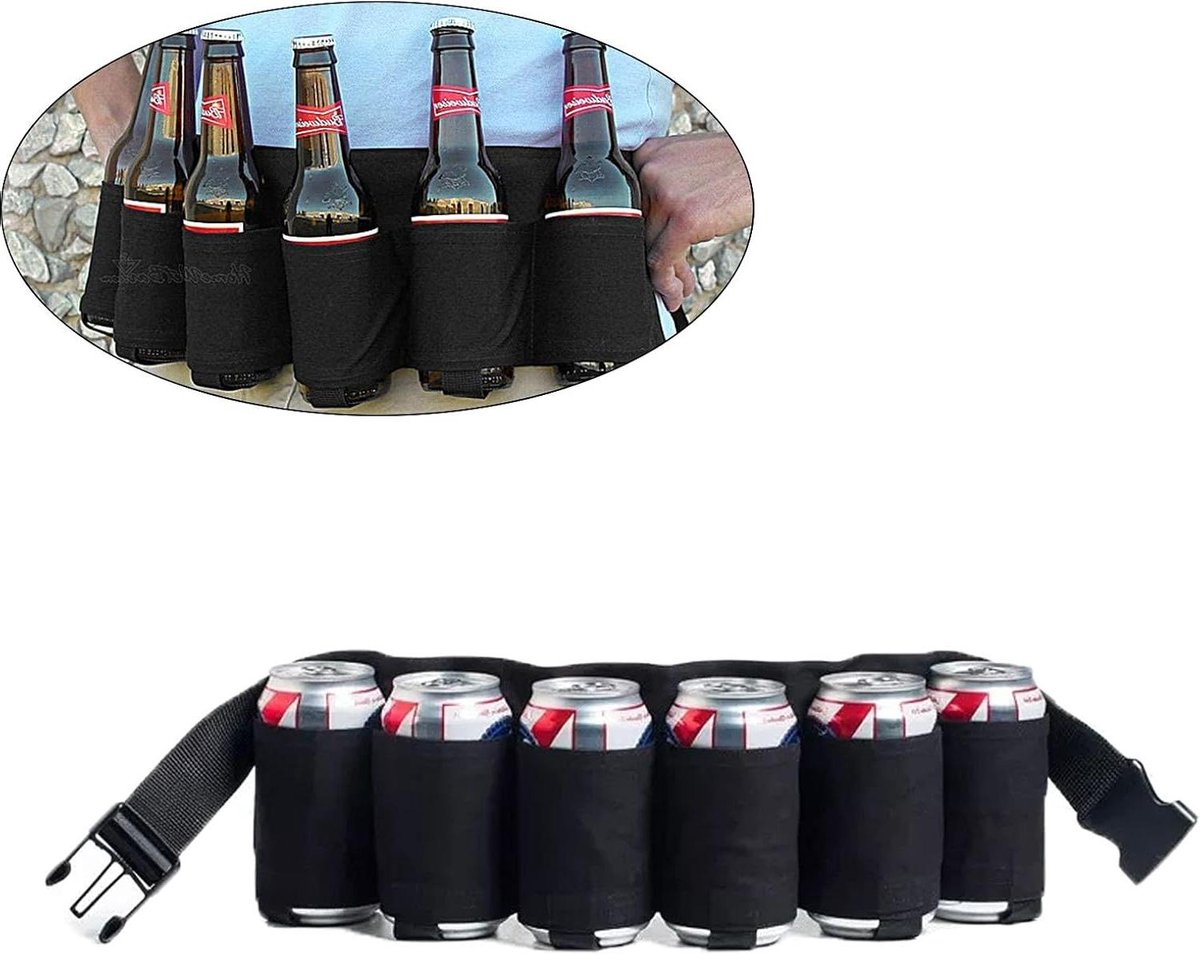 Drinkgordel voor blikjes - Draagbare houder voor drankjes met 6 bekerhouders - Verstelbaar voor feestjes, kamperen en buitenshuis - Zwart