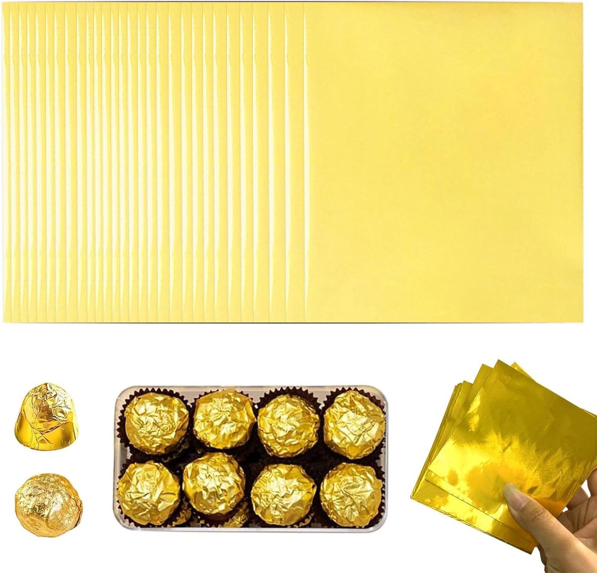 Allecto Plus - Voedselveilige Verpakkingsfolie 19x16cm - Gouden Aluminiumfolie - 100 Stuks - Geschikt voor Chocolade en Snoep - Herbruikbaar en Milieuvriendelijk